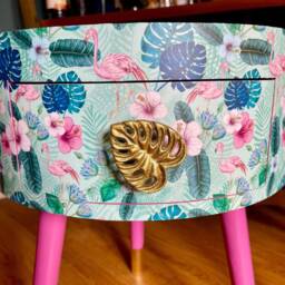 Pair Of Bedside Tables, Blue & Mint Tropical Flamingo Pink Nightstand With Gold Top, Round Side Table Storage Drawer, Eclectic Design - thumbnail 2