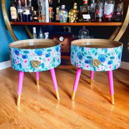 Pair Of Bedside Tables, Blue & Mint Tropical Flamingo Pink Nightstand With Gold Top, Round Side Table Storage Drawer, Eclectic Design