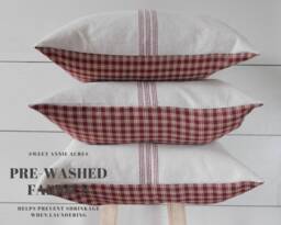 Grain Sack & Checkered Pillow Cover - Farmhouse Burgundy 9 Stripe Beige Fabric Back Zipper Closure