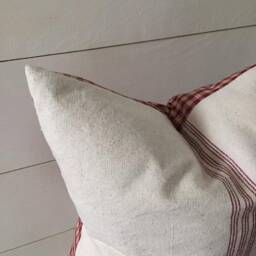 Grain Sack & Checkered Pillow Cover - Farmhouse Burgundy 9 Stripe Beige Fabric Back Zipper Closure - thumbnail 2