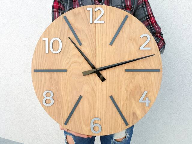 Large Oak Wall Clock With Stone Numbers, Clock. Modern Aksel Wood Black & Gray, Unique Clock, Silent - image 1