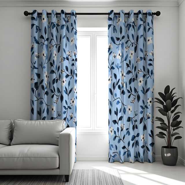 Blue Leaf Pattern Curtains, Floral Botanical Drapes in Navy Tones, Custom Made Window Panels For Home Interior Decor - image 1