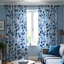 Blue Leaf Pattern Curtains, Floral Botanical Drapes in Navy Tones, Custom Made Window Panels For Home Interior Decor - thumbnail 3