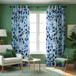 Blue Leaf Pattern Curtains, Floral Botanical Drapes in Navy Tones, Custom Made Window Panels For Home Interior Decor - thumbnail 4