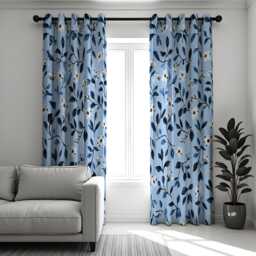 Blue Leaf Pattern Curtains, Floral Botanical Drapes in Navy Tones, Custom Made Window Panels For Home Interior Decor - thumbnail 1