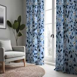 Blue Leaf Pattern Curtains, Floral Botanical Drapes in Navy Tones, Custom Made Window Panels For Home Interior Decor - thumbnail 2