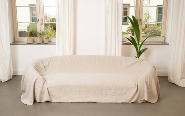 Natural Linen Sofa Couch Cover, Bedspread Throw - Farmhouse Decor Large Coverlet Slipcover Bed Valentines Day Gift - image 1