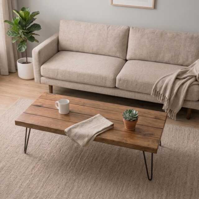 Rustic Solid Wood Coffee Table + Steel Hairpin Legs, Industrial Living Room Furniture, Side - image 1