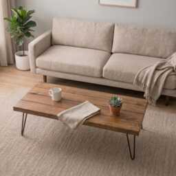 Rustic Solid Wood Coffee Table + Steel Hairpin Legs, Industrial Living Room Furniture, Side - thumbnail 1
