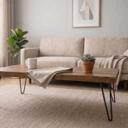 Rustic Solid Wood Coffee Table + Steel Hairpin Legs, Industrial Living Room Furniture, Side - thumbnail 3