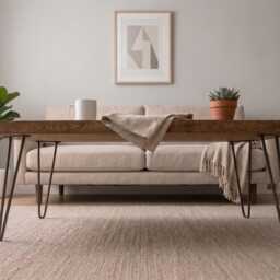 Rustic Solid Wood Coffee Table + Steel Hairpin Legs, Industrial Living Room Furniture, Side - thumbnail 4