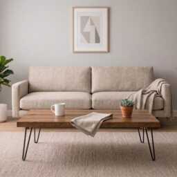 Rustic Solid Wood Coffee Table + Steel Hairpin Legs, Industrial Living Room Furniture, Side - thumbnail 2