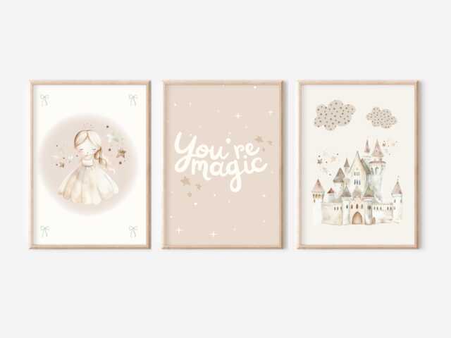 Set Of 3 Muted & Neutral Princess, Castle You're Magic Prints. Perfect For A Girls Room, Nursery Or Playroom - Unframed - image 1