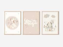 Set Of 3 Muted & Neutral Princess, Castle You're Magic Prints. Perfect For A Girls Room, Nursery Or Playroom - Unframed - thumbnail 1