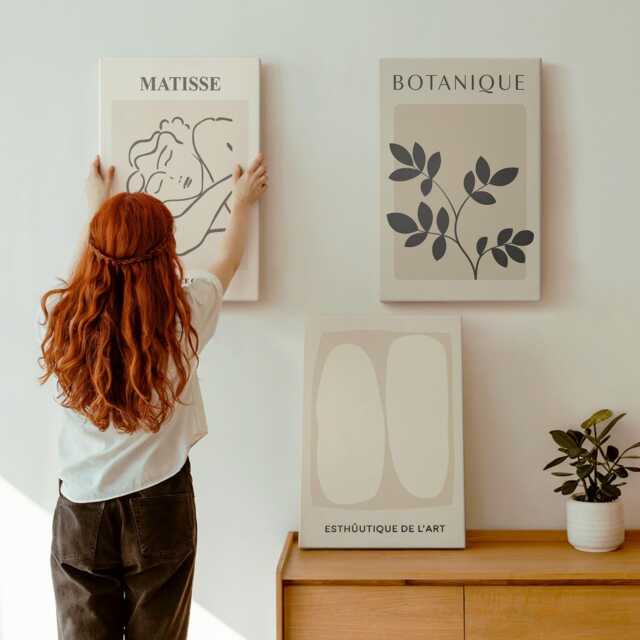 Canvas Art Set Of 3 - Stylish Minimalist Paintings With Plant Motifs By Matisse, Beige Photo Print, Artwork Wall Decor - image 1