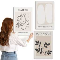 Canvas Art Set Of 3 - Stylish Minimalist Paintings With Plant Motifs By Matisse, Beige Photo Print, Artwork Wall Decor - thumbnail 3