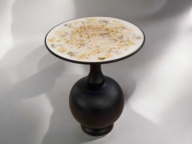Epoxy Resin Coffee Table - Cream-White Flowers & Gold Leaf 36 X 43 cm Round Handmade Elegant Unique Modern Design Gold Accents - image 1