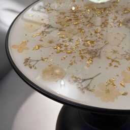 Epoxy Resin Coffee Table - Cream-White Flowers & Gold Leaf 36 X 43 cm Round Handmade Elegant Unique Modern Design Gold Accents - thumbnail 2