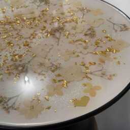 Epoxy Resin Coffee Table - Cream-White Flowers & Gold Leaf 36 X 43 cm Round Handmade Elegant Unique Modern Design Gold Accents - thumbnail 3