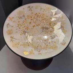 Epoxy Resin Coffee Table - Cream-White Flowers & Gold Leaf 36 X 43 cm Round Handmade Elegant Unique Modern Design Gold Accents - thumbnail 4