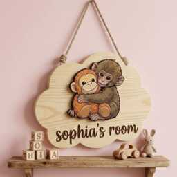 Personalized Punch Baby Monkey Wooden Name Sign - Custom Room Door Hanger Cute Jungle Nursery Wall Decor Kids Plaque - thumbnail 2