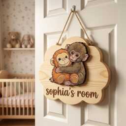 Personalized Punch Baby Monkey Wooden Name Sign - Custom Room Door Hanger Cute Jungle Nursery Wall Decor Kids Plaque - thumbnail 3