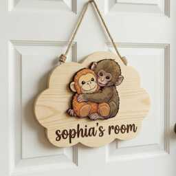 Personalized Punch Baby Monkey Wooden Name Sign - Custom Room Door Hanger Cute Jungle Nursery Wall Decor Kids Plaque - thumbnail 1