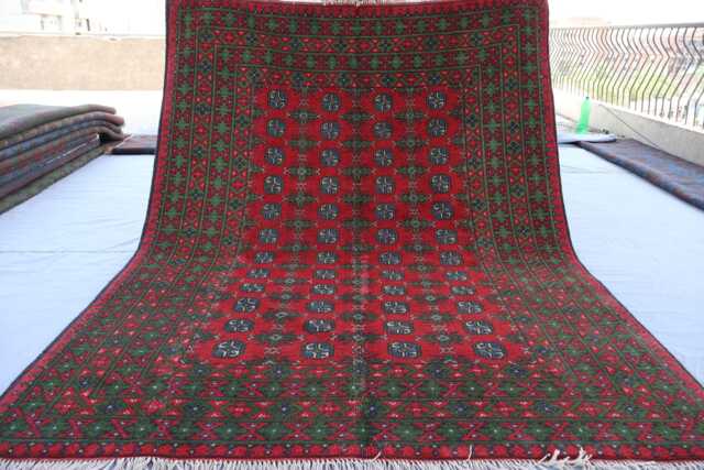 5'7x8 Ft Bokhara Rug, Afghan Hand Knotted Wool Blue Green Red, Turkmen Tribal Oriental Area Traditional Kitchen, Bedroom - image 1