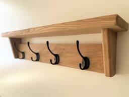Natural Solid Oak Coat Rack With Shelf, Handmade Wooden Entryway Furniture, Cast Iron Hooks, Towel Hanger, Wall Mounted Metal Retro Classic
