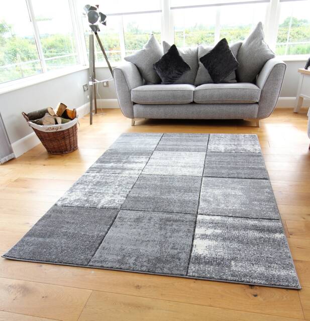 New Silver Grey Cream Rugs Small Large Mats Modern Blocks Design UK