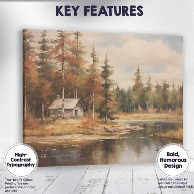 Rustic Forest Cabin Lake Autumn Woodland Scenic Landscape Canvas Wall Art Print Decor Picture Ready To Hang - image 1