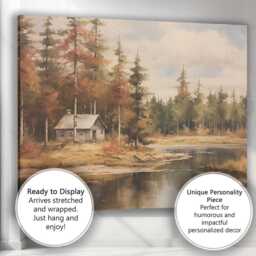 Rustic Forest Cabin Lake Autumn Woodland Scenic Landscape Canvas Wall Art Print Decor Picture Ready To Hang - thumbnail 3