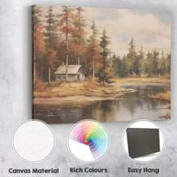 Rustic Forest Cabin Lake Autumn Woodland Scenic Landscape Canvas Wall Art Print Decor Picture Ready To Hang - thumbnail 2