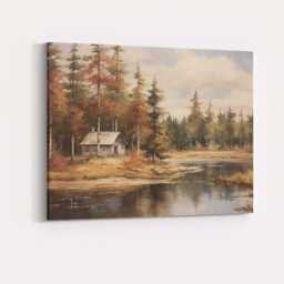 Rustic Forest Cabin Lake Autumn Woodland Scenic Landscape Canvas Wall Art Print Decor Picture Ready To Hang - thumbnail 4