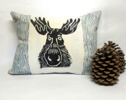 Moose Pillow Woodland Wood Grain Print, Hand Carved
