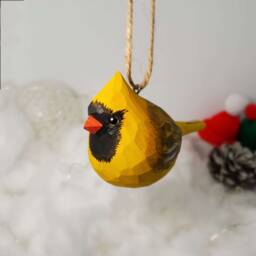 Northern Cardinal Golden Christmas Decor Hand Carved Painted Bird Ornaments - thumbnail 2
