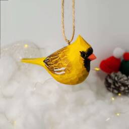 Northern Cardinal Golden Christmas Decor Hand Carved Painted Bird Ornaments - thumbnail 3