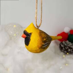 Northern Cardinal Golden Christmas Decor Hand Carved Painted Bird Ornaments - thumbnail 1