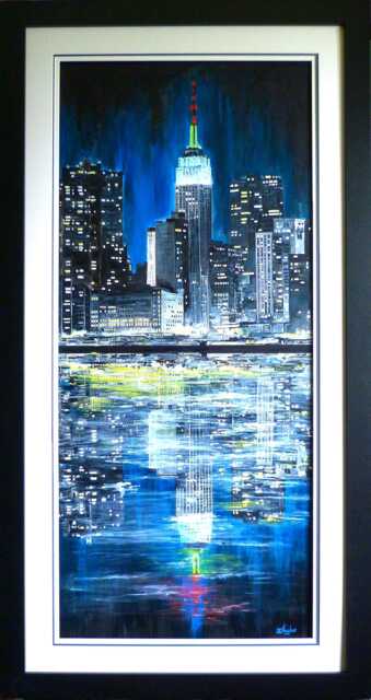 Original Ink Painting Of Nyc, East River, Manhattan Buildings At Night, Matted & Framed, Image Size 16 X 36, Framed 22.75 42.75 - image 1