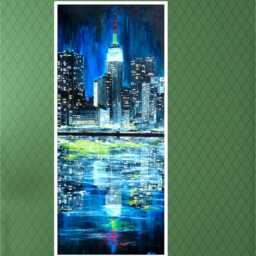 Original Ink Painting Of Nyc, East River, Manhattan Buildings At Night, Matted & Framed, Image Size 16 X 36, Framed 22.75 42.75 - thumbnail 2