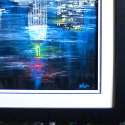 Original Ink Painting Of Nyc, East River, Manhattan Buildings At Night, Matted & Framed, Image Size 16 X 36, Framed 22.75 42.75 - thumbnail 3