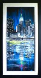 Original Ink Painting Of Nyc, East River, Manhattan Buildings At Night, Matted & Framed, Image Size 16 X 36, Framed 22.75 42.75 - thumbnail 1
