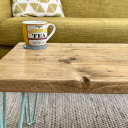 Handmade Reclaimed Wood Coffee Table - Rustic Industrial Scaffold Board With Colourful Hairpin Legs - thumbnail 3