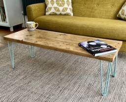 Handmade Reclaimed Wood Coffee Table - Rustic Industrial Scaffold Board With Colourful Hairpin Legs