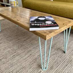 Handmade Reclaimed Wood Coffee Table - Rustic Industrial Scaffold Board With Colourful Hairpin Legs - thumbnail 2