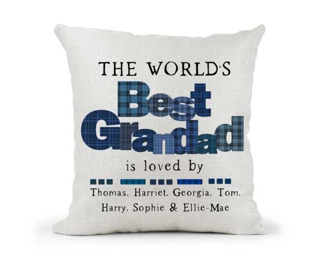 Personalised Grandad Cushion.. The World's Best Great Grandad.. Blue Tartan Check Lettering.. Gingham, Father's Day, 60Th 70Th 80Th - image 1