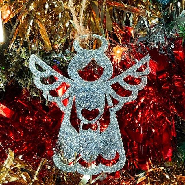 Glitter Angel Christmas Tree Decoration - Beautiful Ornament Available in Oak, Walnut Cherry Wood -Or- Silver, Gold, Red, Green - image 1