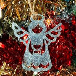 Glitter Angel Christmas Tree Decoration - Beautiful Ornament Available in Oak, Walnut Cherry Wood -Or- Silver, Gold, Red, Green - thumbnail 1