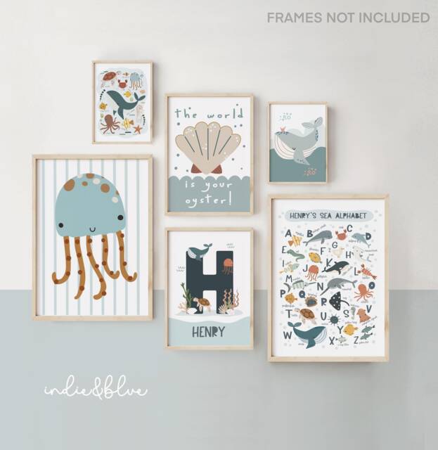 Set Of 6 Sea Prints, Personalised Gallery Wall in Blue, Boy Bedroom Decor, Ocean Alphabet, Nursery - image 1