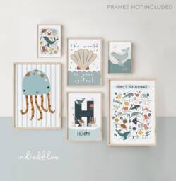 Set Of 6 Sea Prints, Personalised Gallery Wall in Blue, Boy Bedroom Decor, Ocean Alphabet, Nursery - thumbnail 1